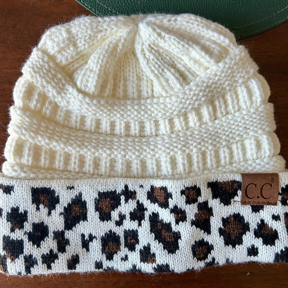 C.C Ivory and Leopard Knit Beanie